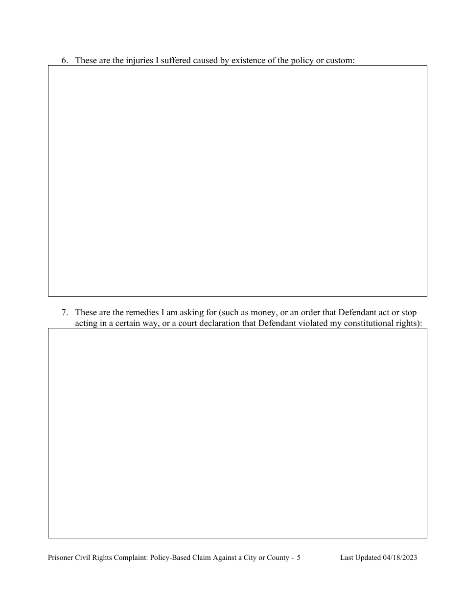 Prisoner Civil Rights Complaint: Policy-Based Claim Against a City or County (Municipality) - Montana, Page 5