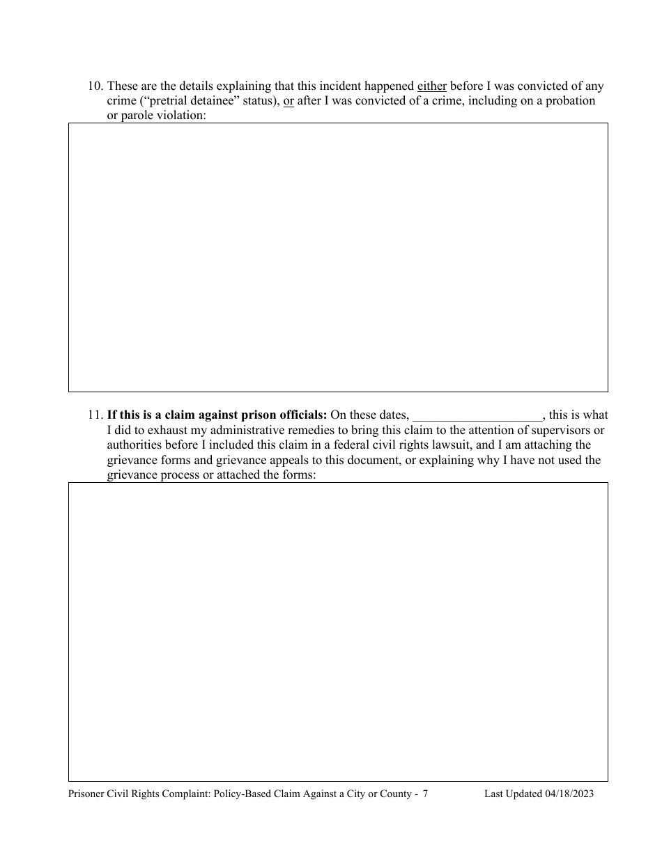 Prisoner Civil Rights Complaint: Policy-Based Claim Against a City or County (Municipality) - Montana, Page 7