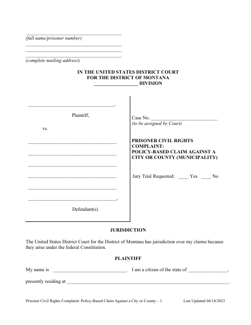 Prisoner Civil Rights Complaint: Policy-Based Claim Against a City or County (Municipality) - Montana