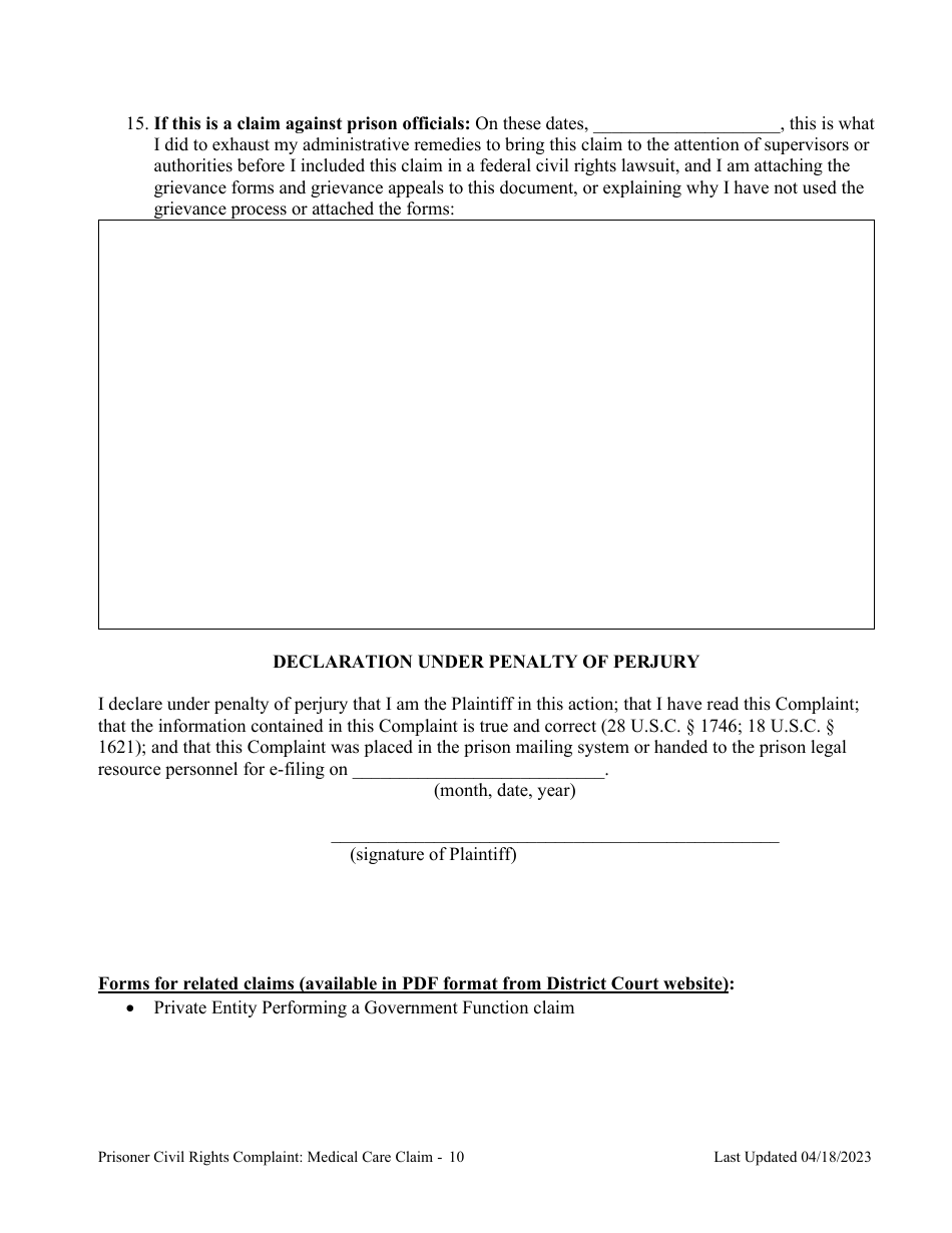 Prisoner Civil Rights Complaint: Medical Care Claim - Montana, Page 10