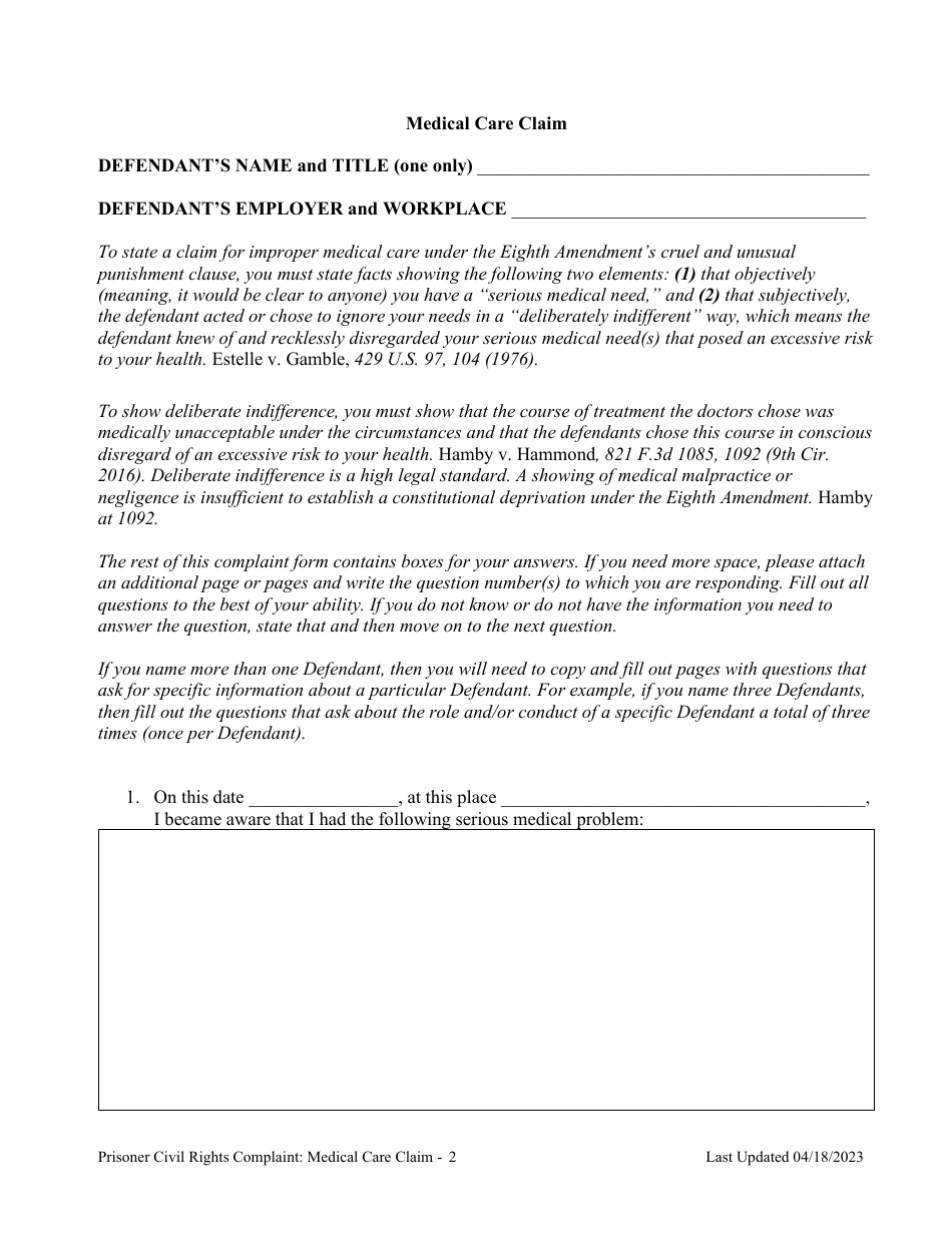 Montana Prisoner Civil Rights Complaint Medical Care Claim Fill Out