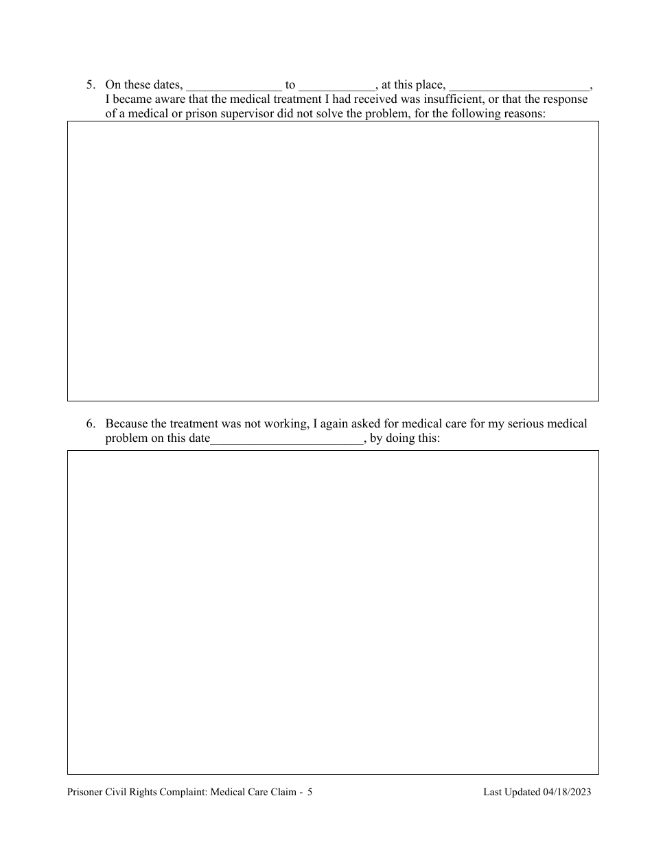 Montana Prisoner Civil Rights Complaint Medical Care Claim Fill Out