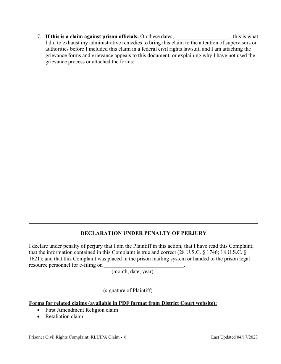 Prisoner Civil Rights Complaint: Religious Land Use and Incarcerated Persons Act (rluipa) Claim - Montana, Page 6