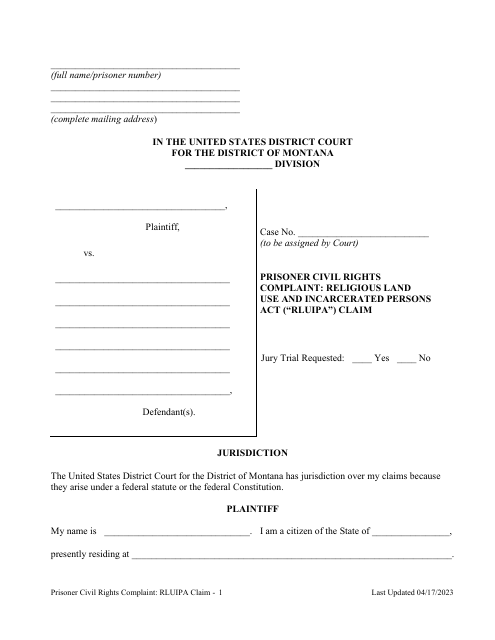 Prisoner Civil Rights Complaint: Religious Land Use and Incarcerated Persons Act ('rluipa') Claim - Montana Download Pdf