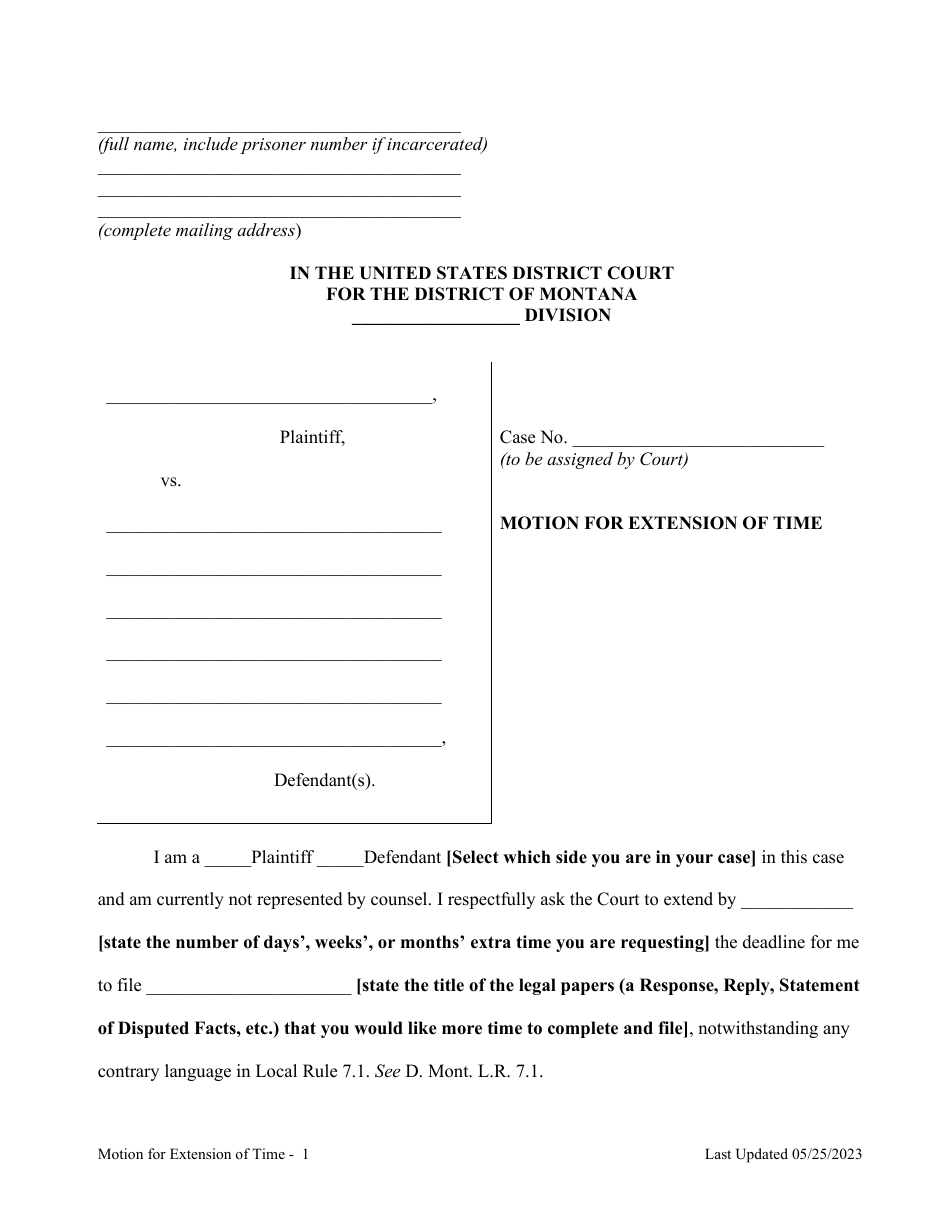 Montana Motion for Extension of Time Fill Out, Sign Online and