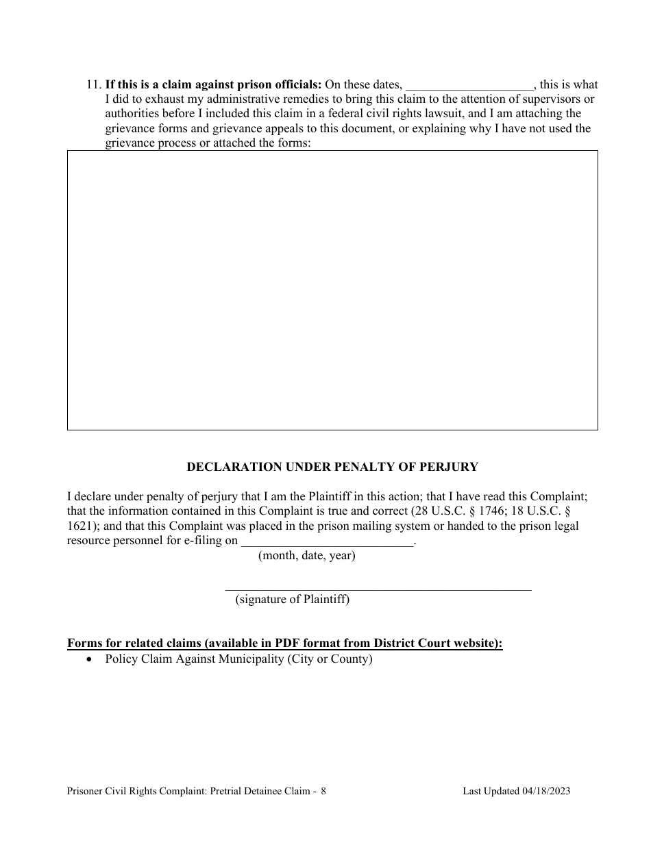 Prisoner Civil Rights Complaint: Pretrial Detainee Claim - Montana, Page 8