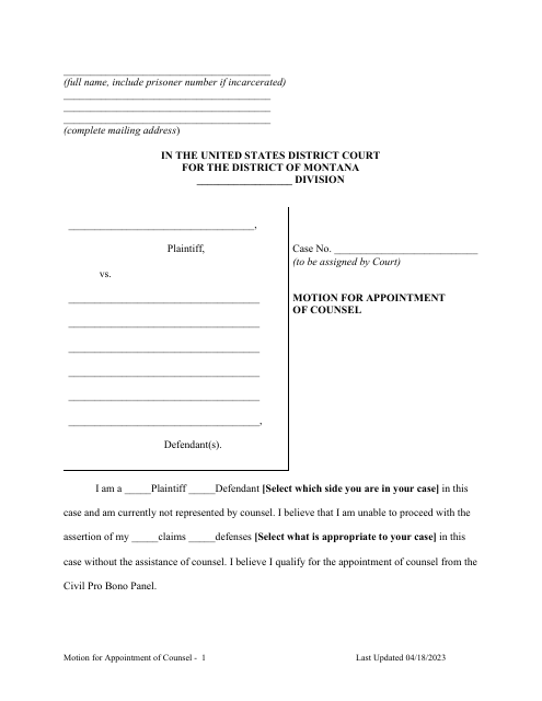 Motion for Appointment of Counsel - Montana Download Pdf