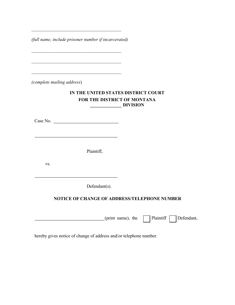 Montana Notice of Change of Address/Telephone Number Fill Out, Sign