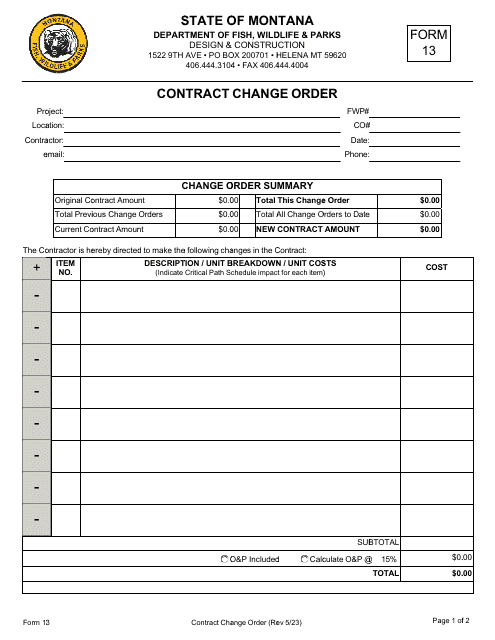 Form 13 Contract Change Order - Montana