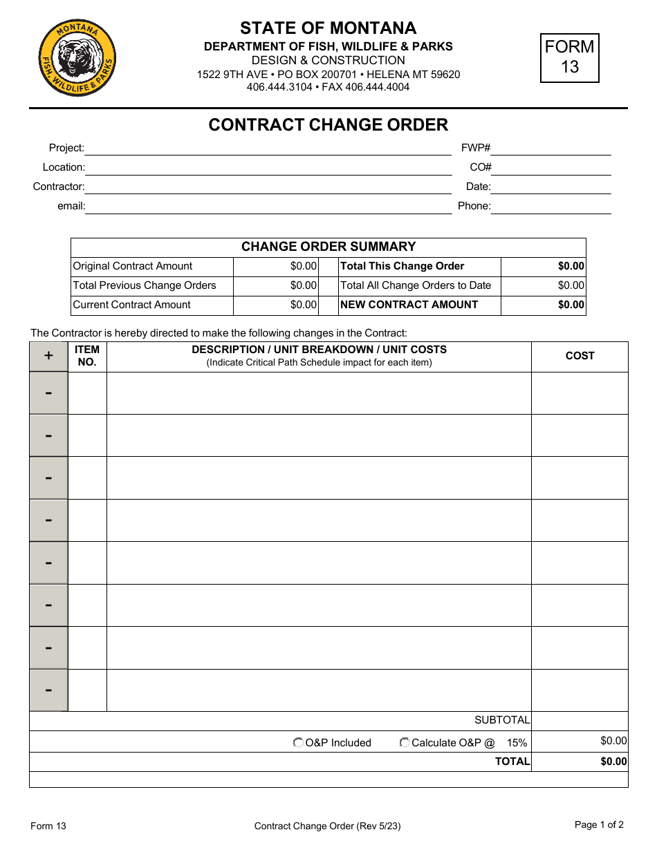 Form 13 Contract Change Order - Montana, Page 1