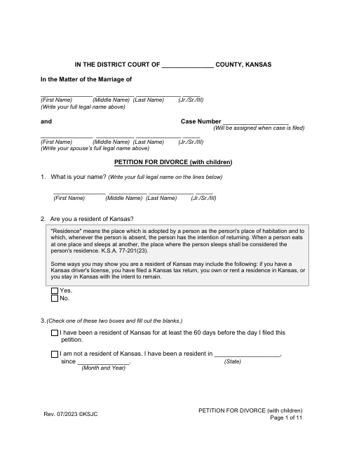 Petition for Divorce (With Children) - Kansas Download Pdf