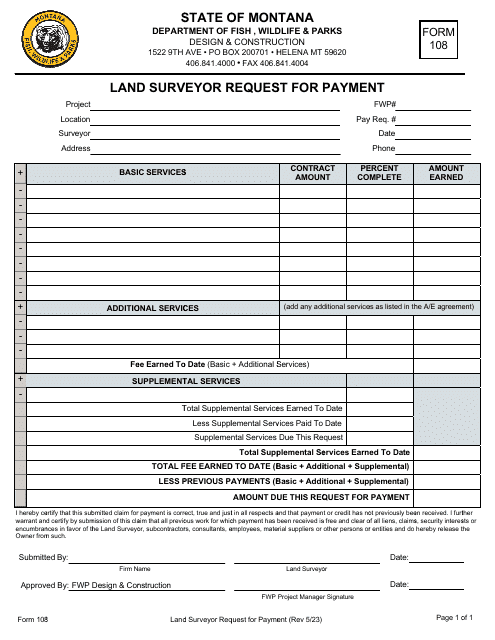 Form 108 Land Surveyor Request for Payment - Montana