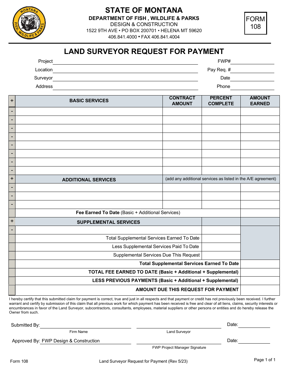 Form 108 Land Surveyor Request for Payment - Montana, Page 1
