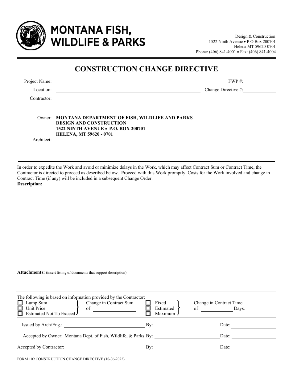 Form 109 - Fill Out, Sign Online and Download Fillable PDF, Montana ...