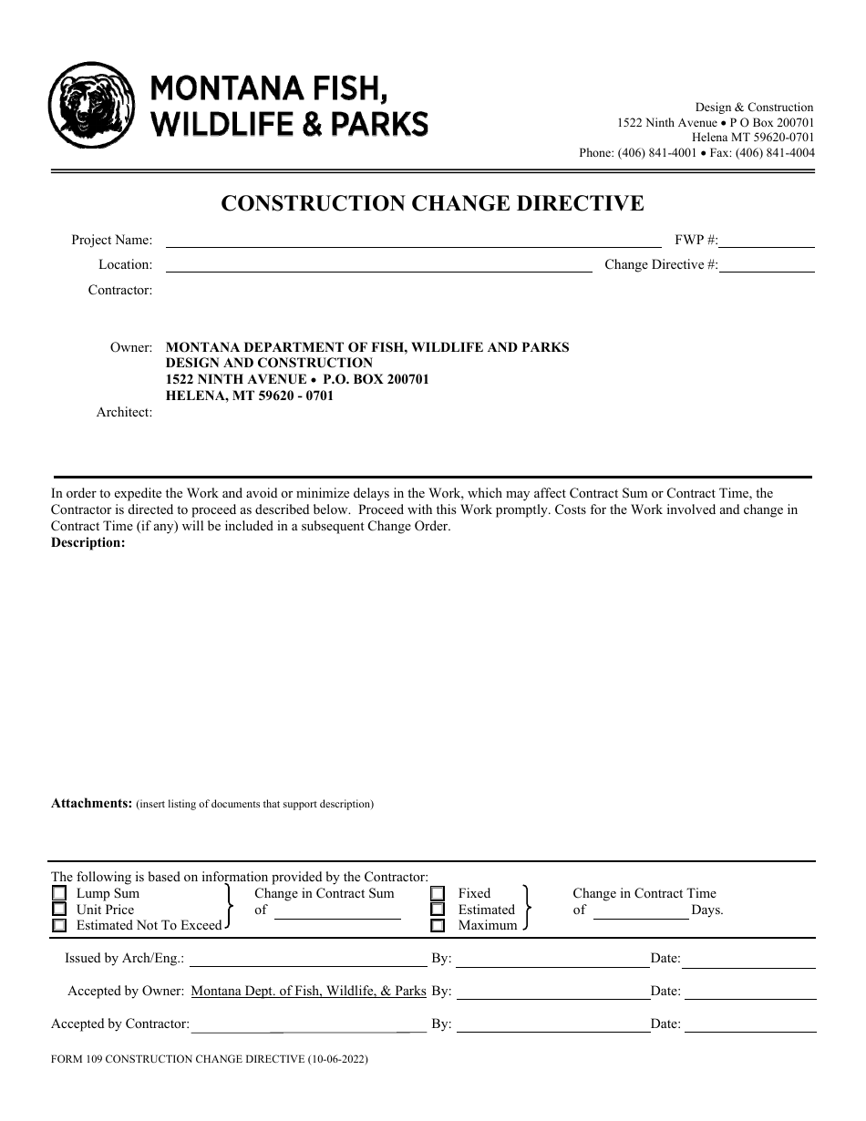 Form 109 Construction Change Directive - Montana, Page 1