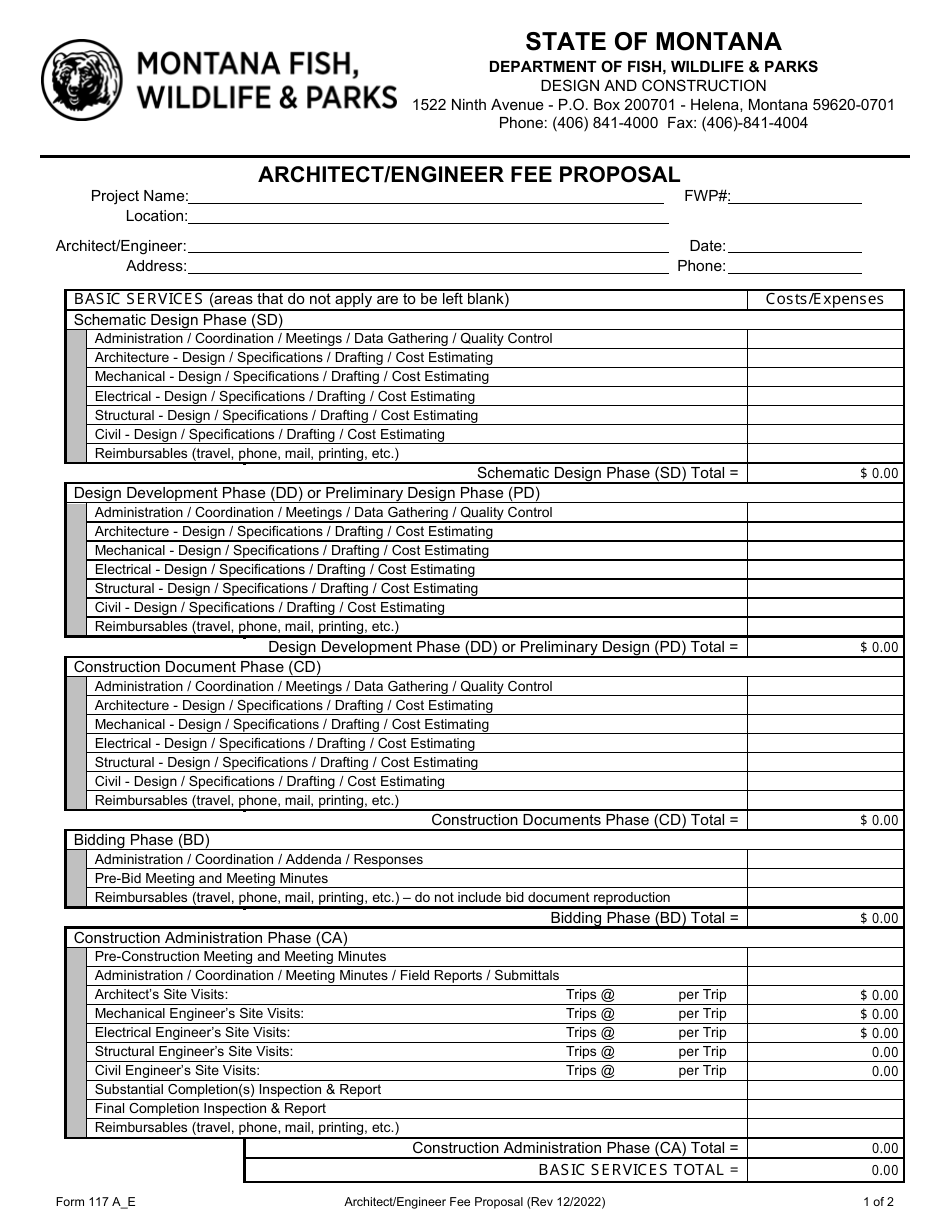 Form 117 Architect / Engineer Fee Proposal - Montana, Page 1