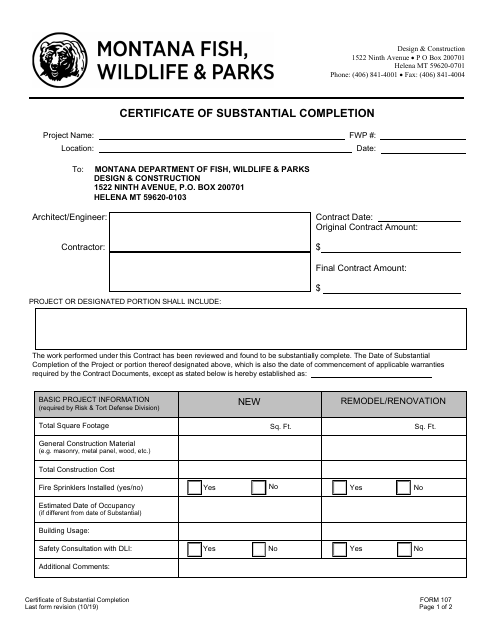 Form 107 Certificate of Substantial Completion - Montana
