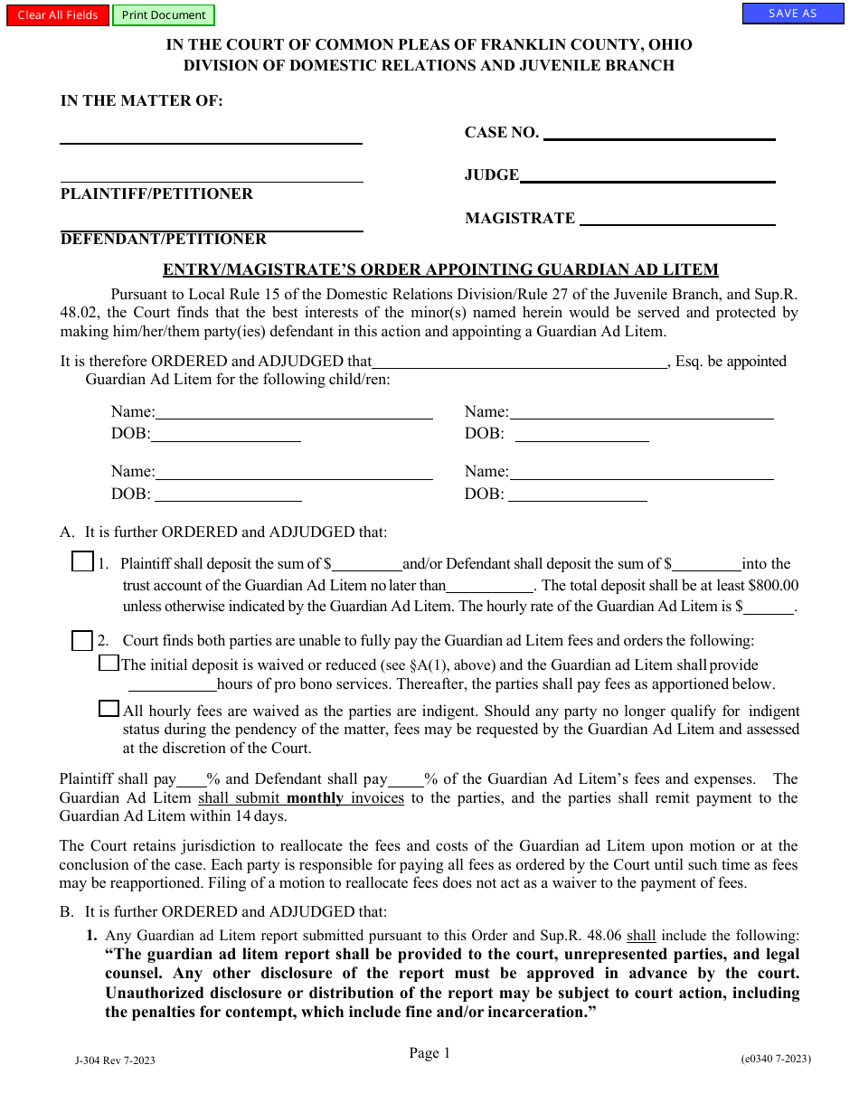 Form J-304 (E0340) Entry / Magistrates Order Appointing Guardian Ad Litem - Franklin County, Ohio, Page 1