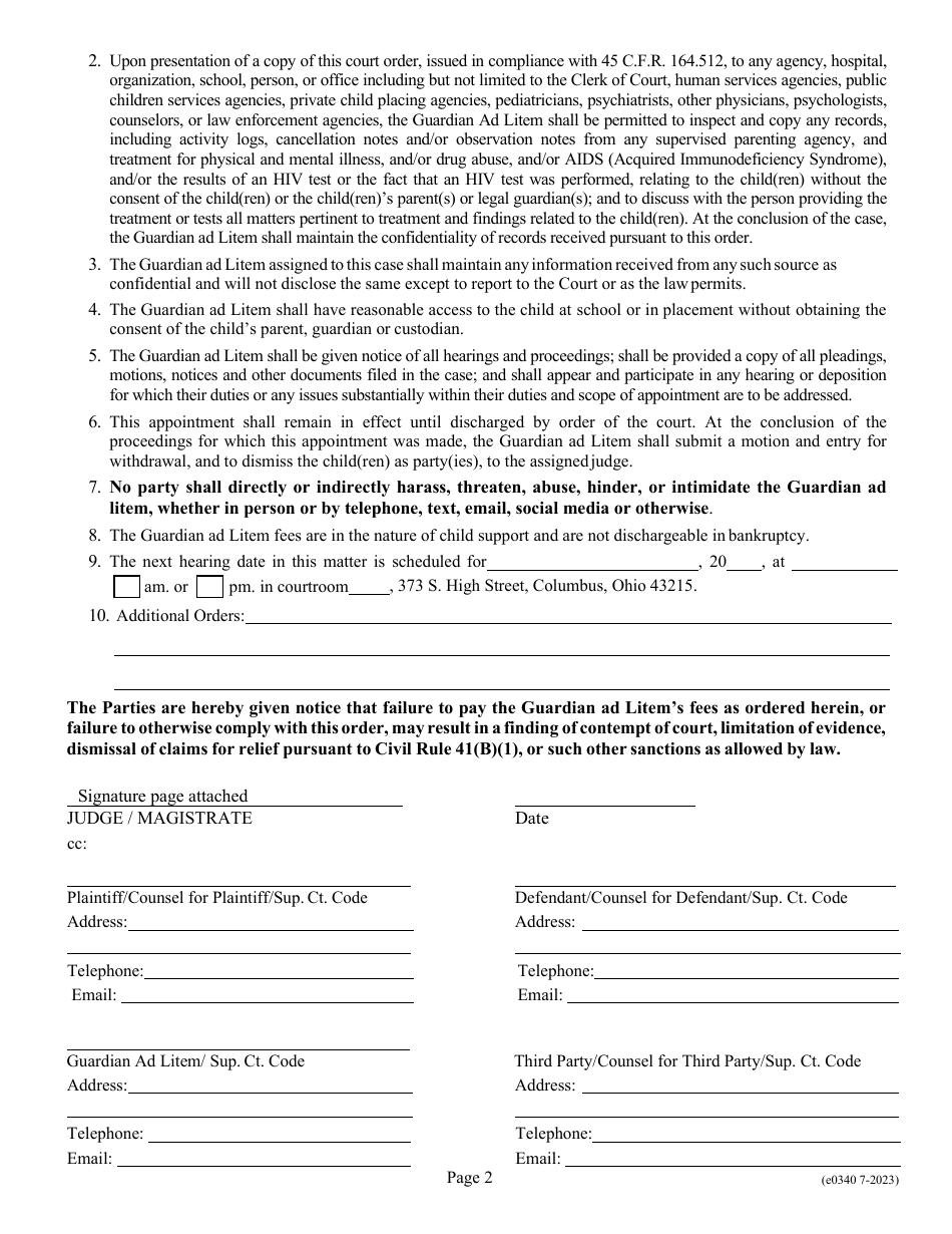 Form J-304 (E0340) Entry / Magistrates Order Appointing Guardian Ad Litem - Franklin County, Ohio, Page 2