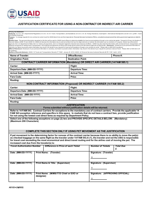 Form AID522-4 Justification Certificate for Using a Non-contract or Indirect Air Carrier