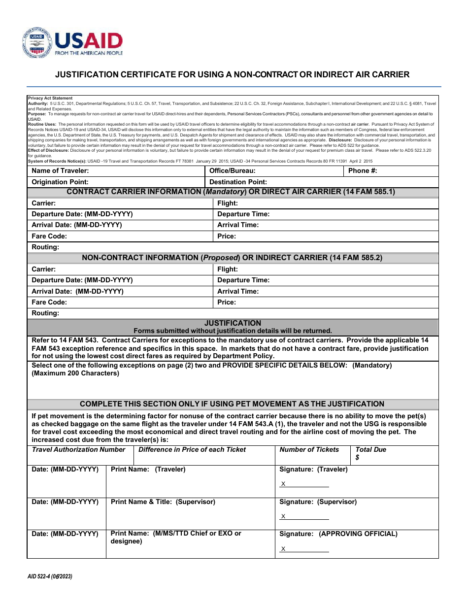 Form AID522-4 Justification Certificate for Using a Non-contract or Indirect Air Carrier, Page 1