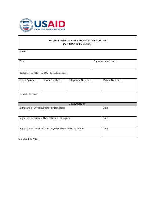 Form AID512-1 Request for Business Cards for Official Use
