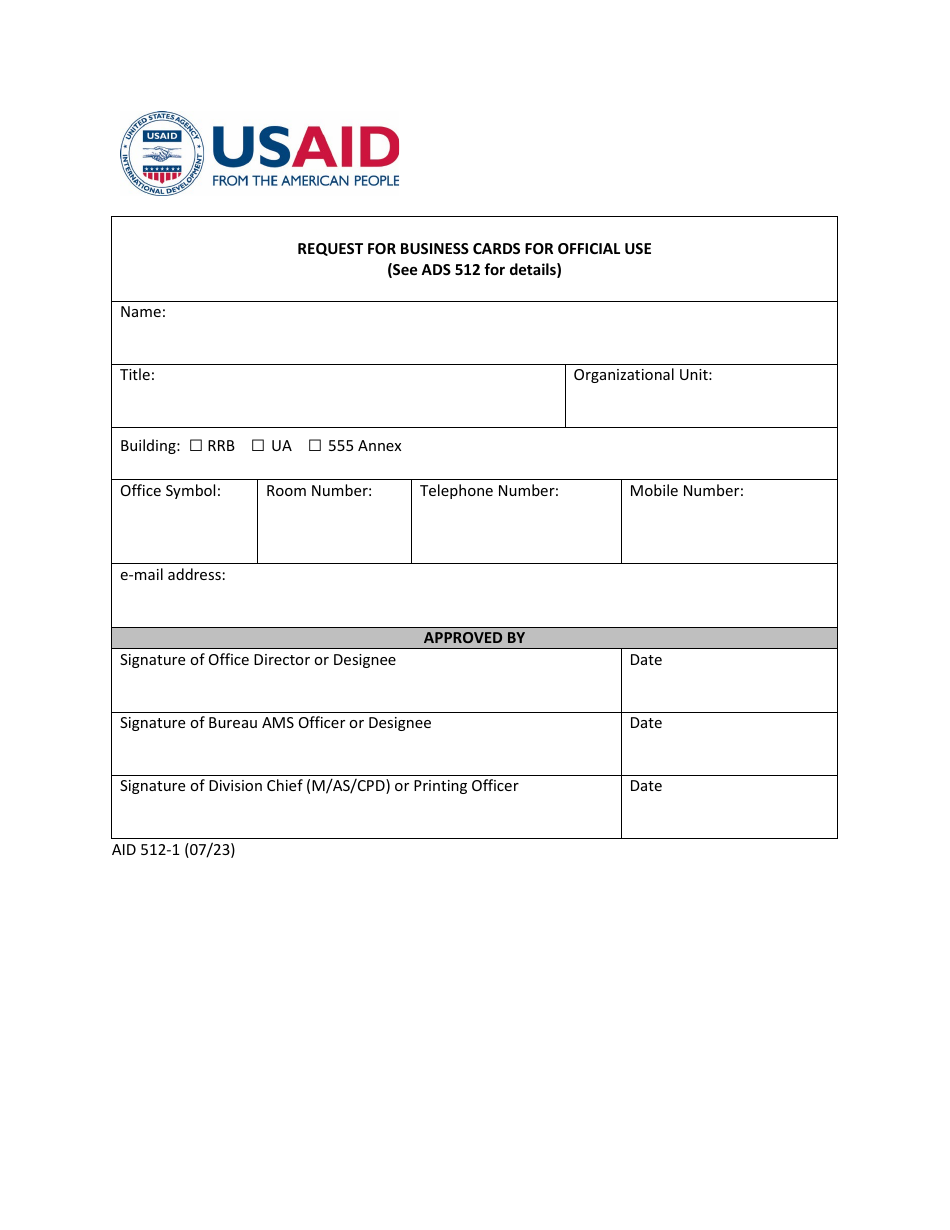 Form AID512-1 Request for Business Cards for Official Use, Page 1