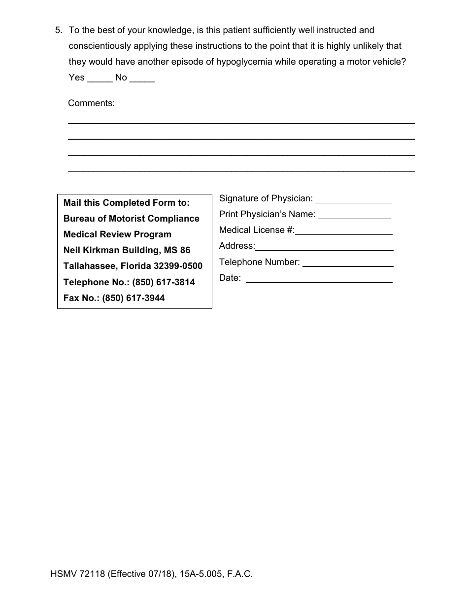 Form HSMV72118 Diabetes / Hypoglycemia Follow-Up Form - Florida, Page 2