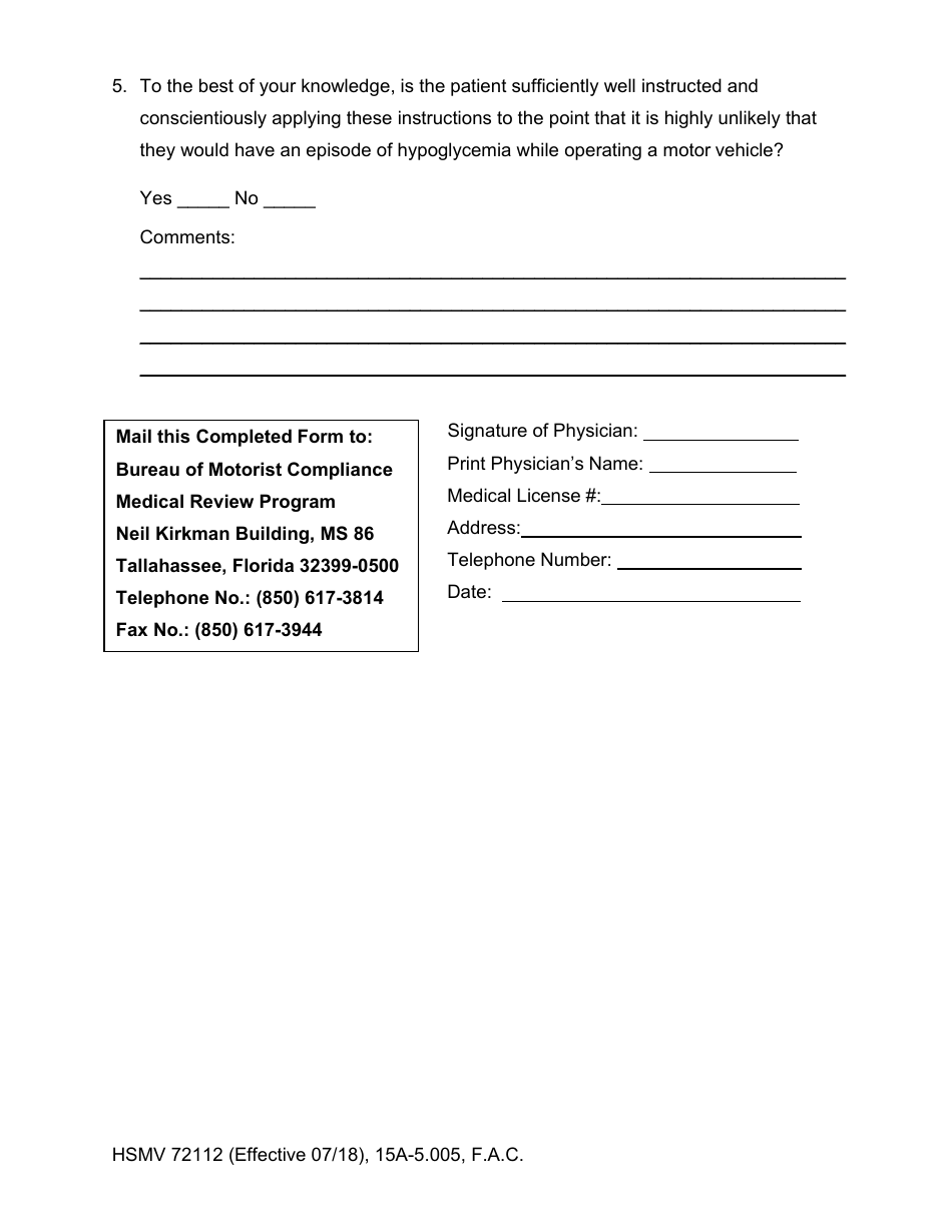 Form HSMV72112 Diabetes / Hypoglycemia Follow-Up Form - Florida, Page 2