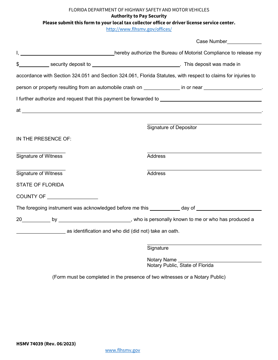 Form HSMV74039 Authority to Pay Security - Florida, Page 1