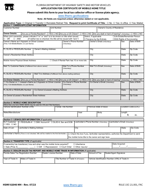 Form HSMV82040 MH Application for Certificate of Mobile Home Title - Florida