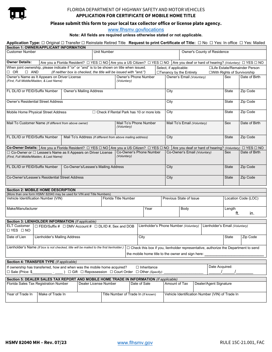 Form HSMV82040 MH Application for Certificate of Mobile Home Title - Florida, Page 1
