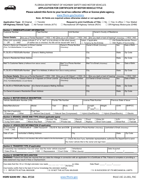 Form HSMV82040 MV Application for Certificate of Motor Vehicle Title - Florida