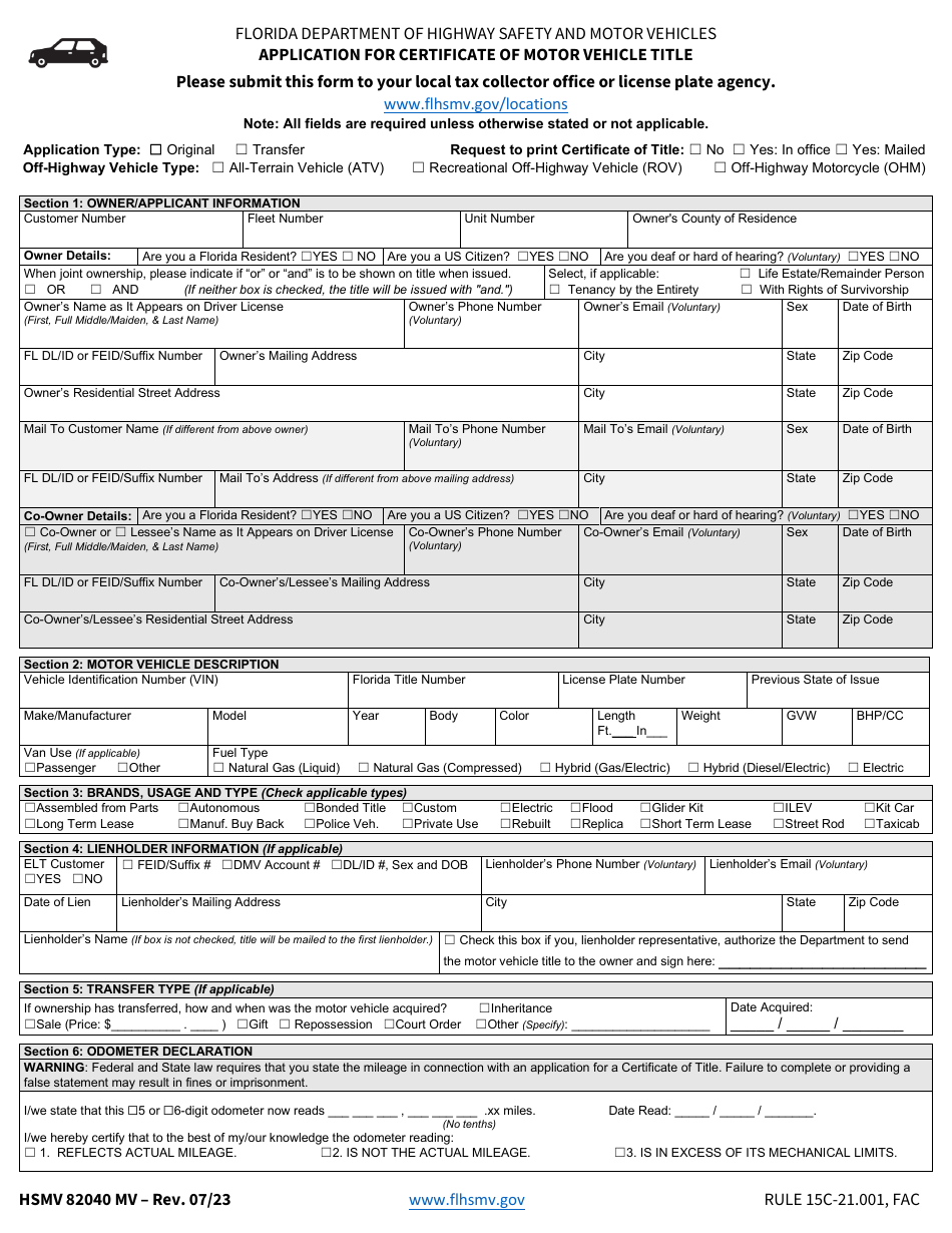 Form HSMV82040 MV Application for Certificate of Motor Vehicle Title - Florida, Page 1