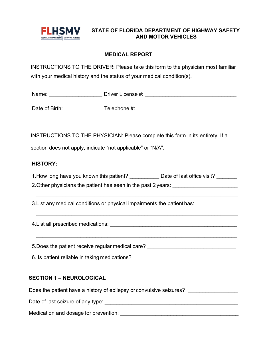 Form HSMV72423 Medical Report - Florida, Page 1