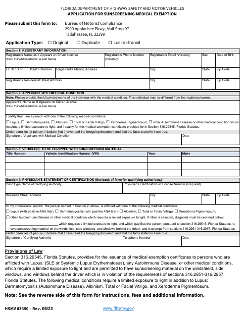 Form HSMV83390 Application for Sunscreening Medical Exemption - Florida