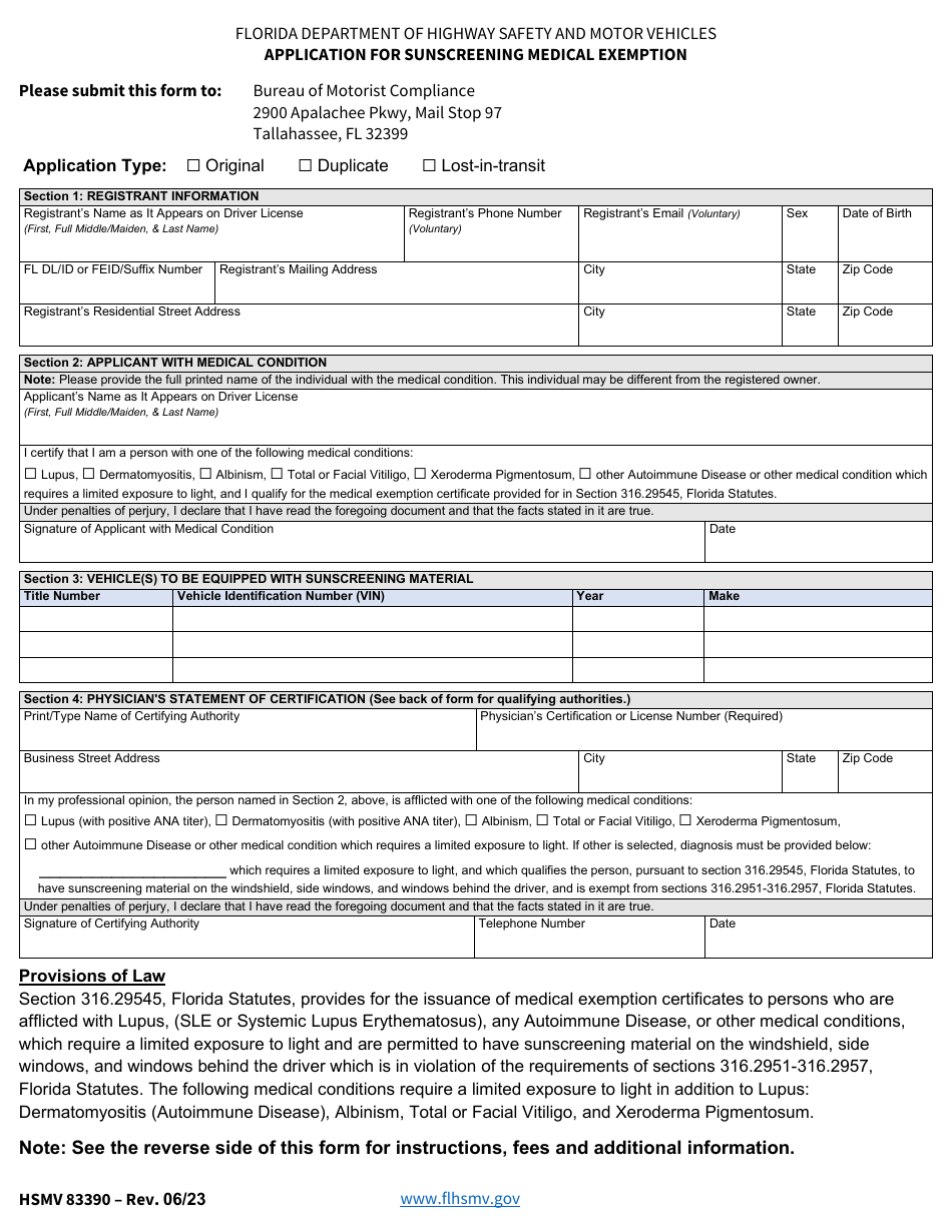 Form HSMV83390 Application for Sunscreening Medical Exemption - Florida, Page 1