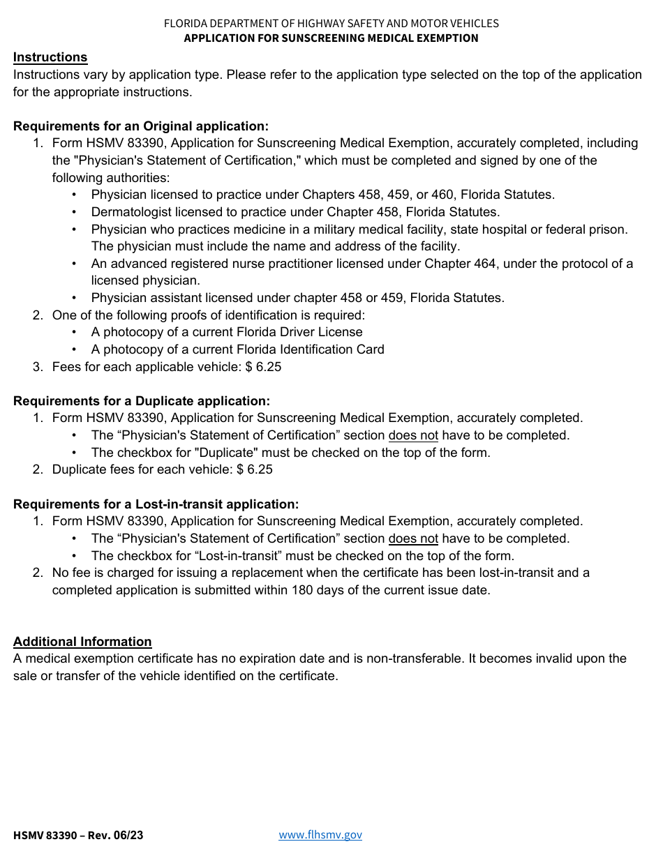 Form HSMV83390 Application for Sunscreening Medical Exemption - Florida, Page 2