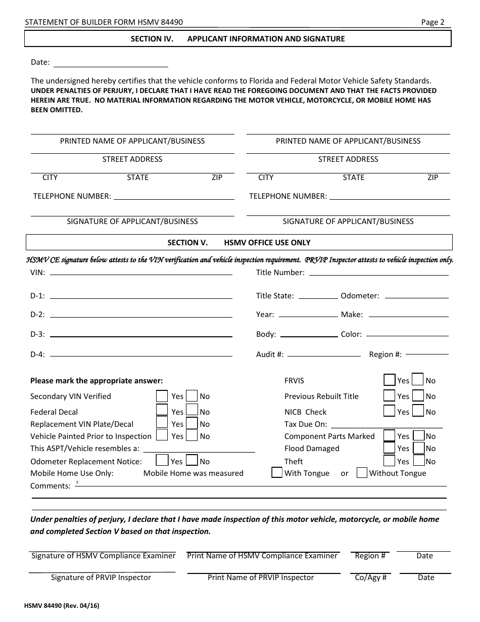 Form HSMV84490 Statement of Builder - Florida, Page 2
