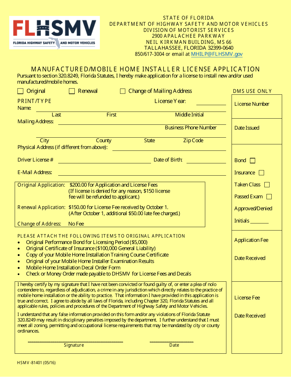 Form HSMV-81401 Manufactured/Mobile Home Installer License Application - Florida, Page 1