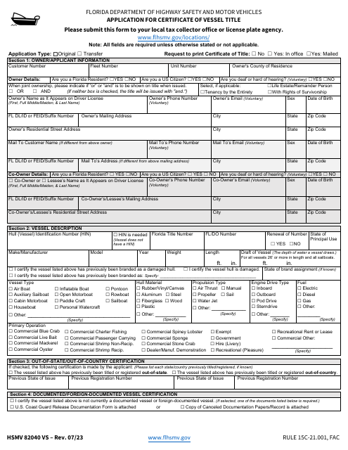 Form HSMV82040 VS Application for Certificate of Vessel Title - Florida