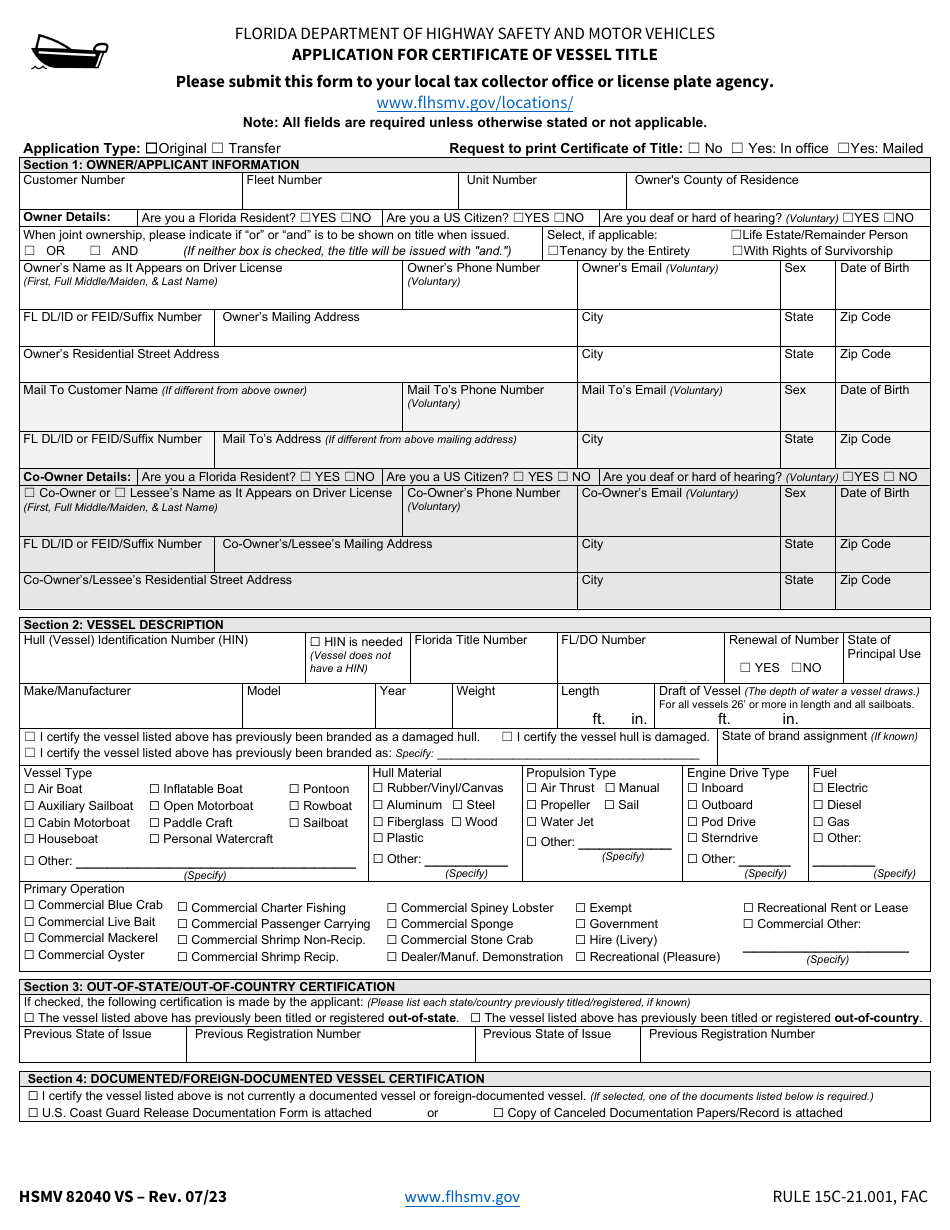 Form HSMV82040 VS Application for Certificate of Vessel Title - Florida, Page 1