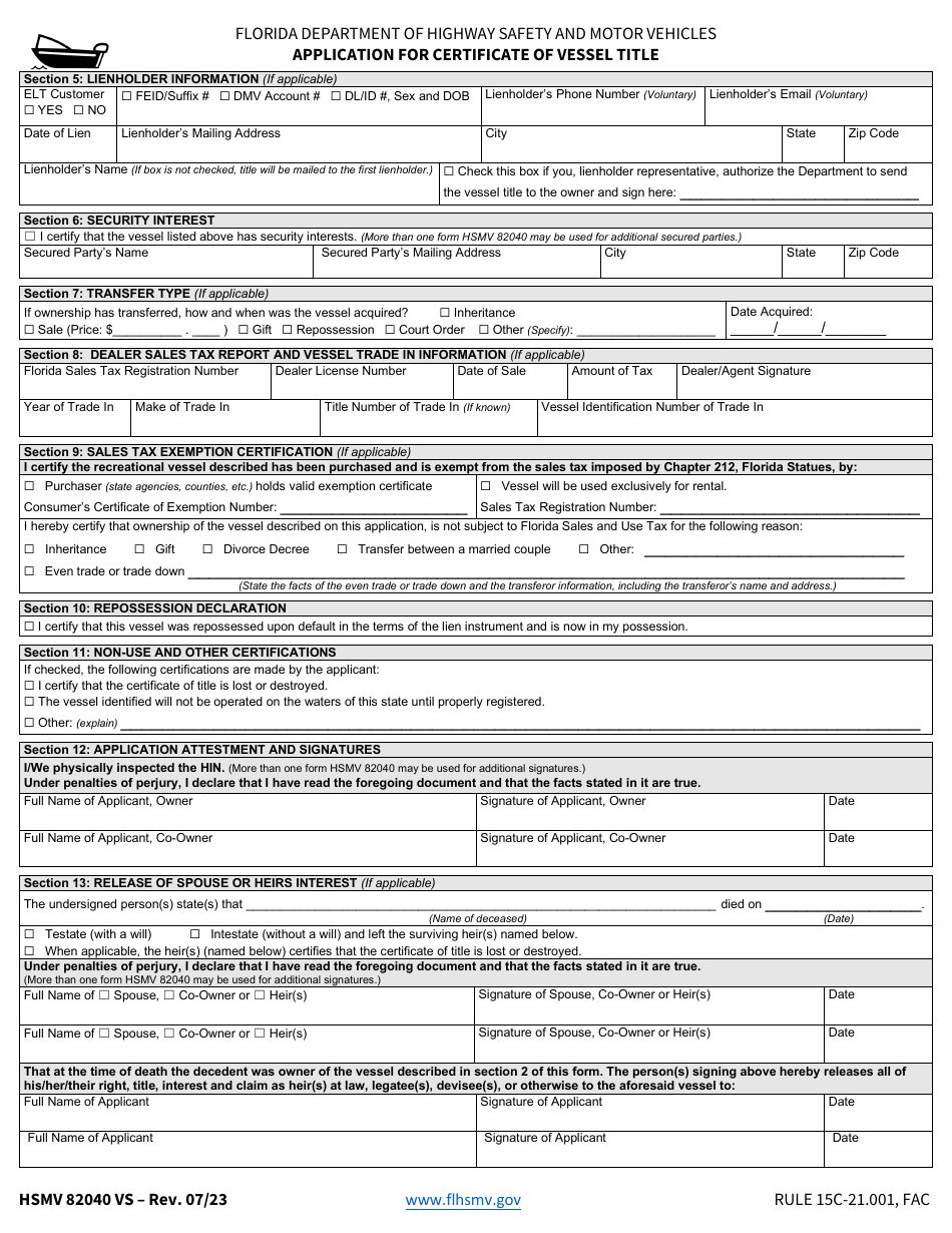 Form HSMV82040 VS Application for Certificate of Vessel Title - Florida, Page 2