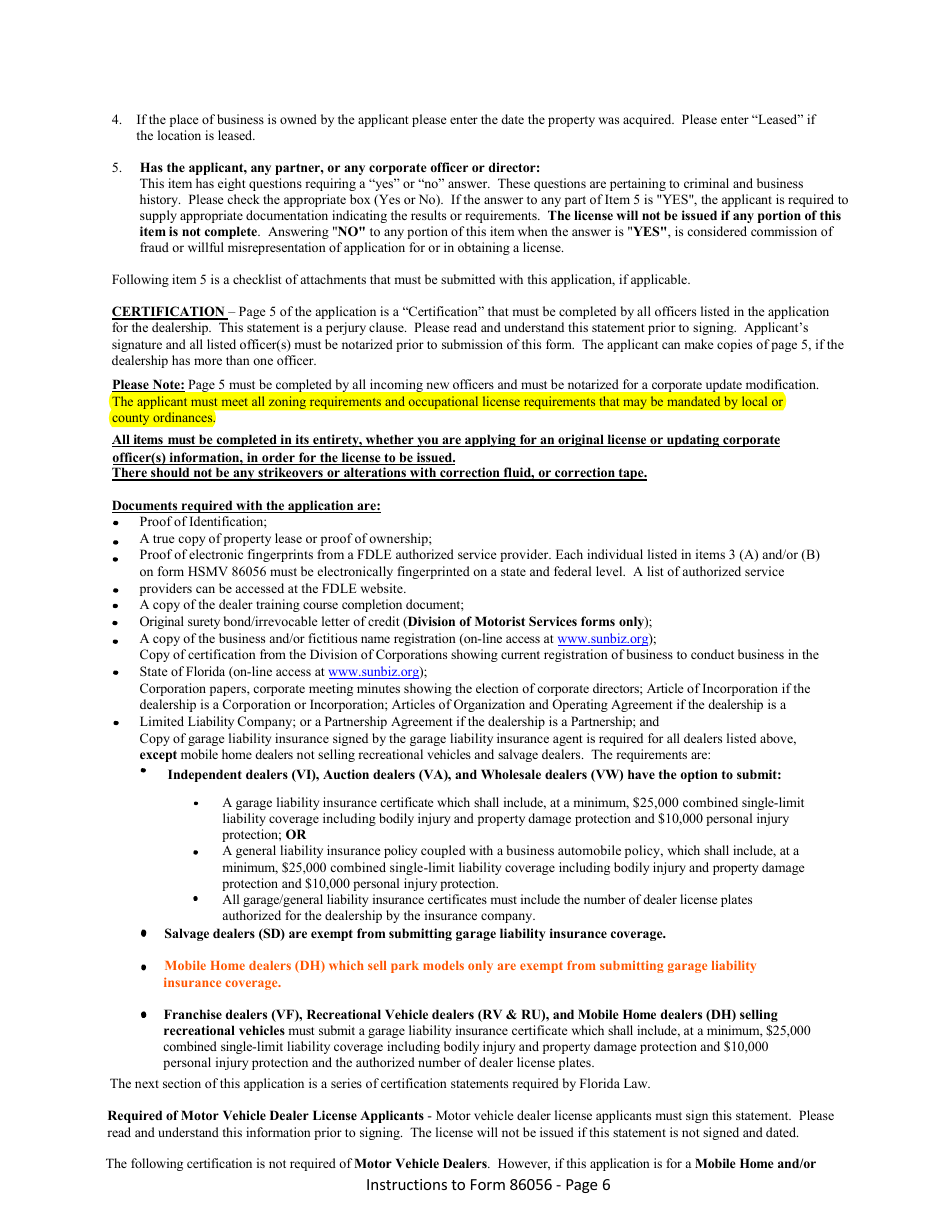 Form HSMV86056 Application for a License as a Motor Vehicle, Mobile Home or Recreational Vehicle Dealer - Florida, Page 12
