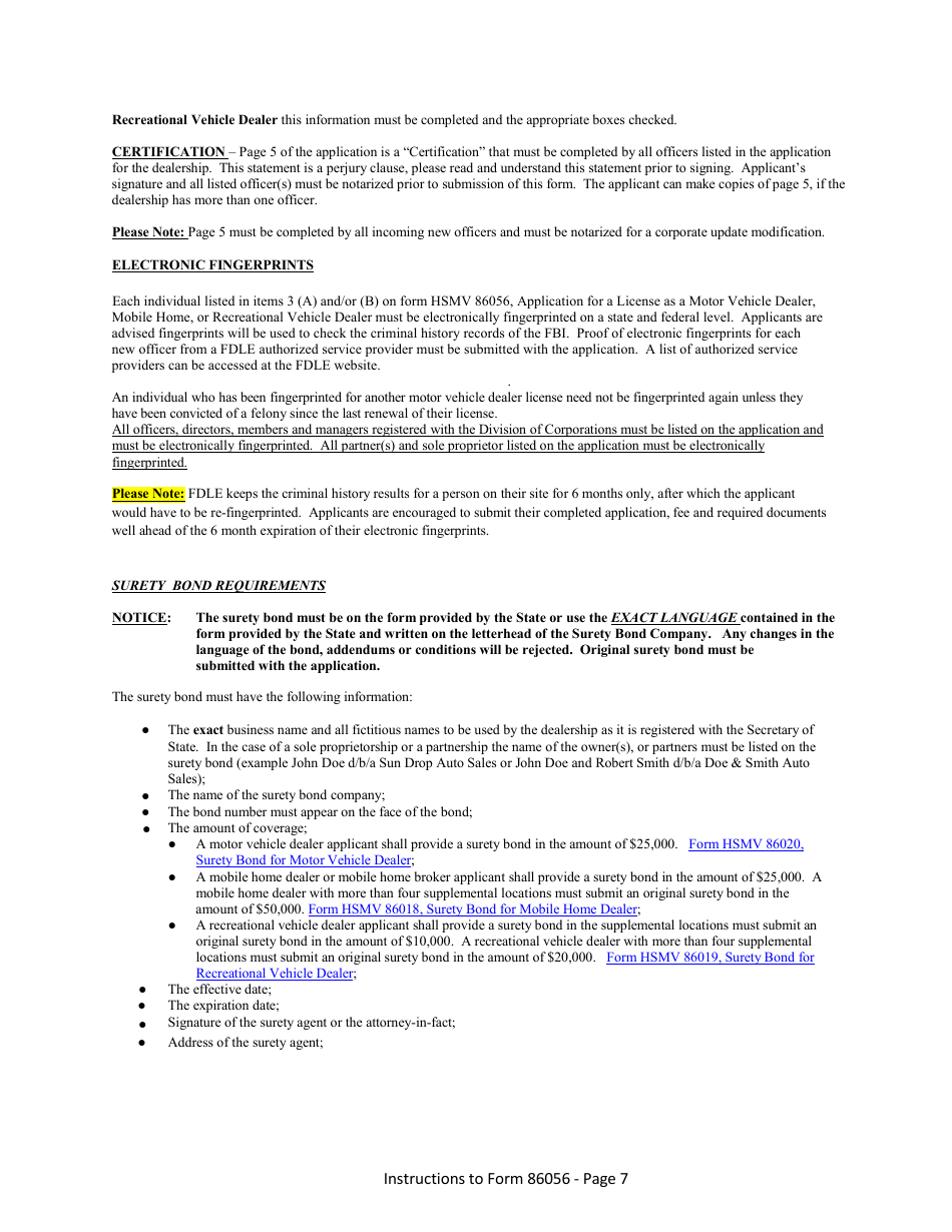 Form HSMV86056 Application for a License as a Motor Vehicle, Mobile Home or Recreational Vehicle Dealer - Florida, Page 13