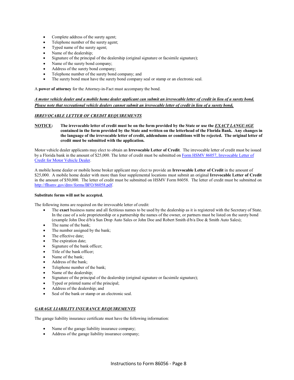 Form HSMV86056 Application for a License as a Motor Vehicle, Mobile Home or Recreational Vehicle Dealer - Florida, Page 14