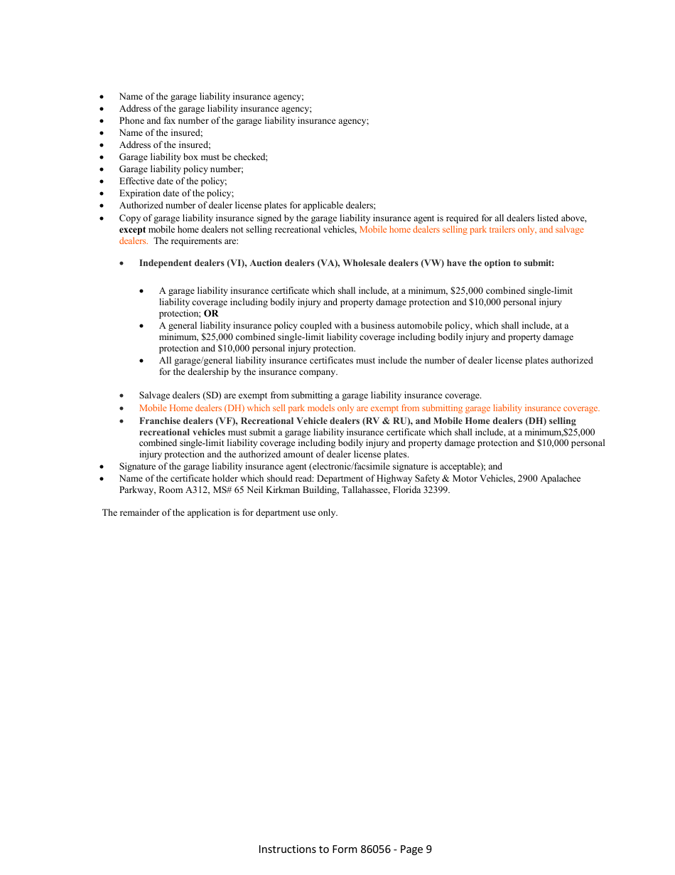 Form HSMV86056 Application for a License as a Motor Vehicle, Mobile Home or Recreational Vehicle Dealer - Florida, Page 15