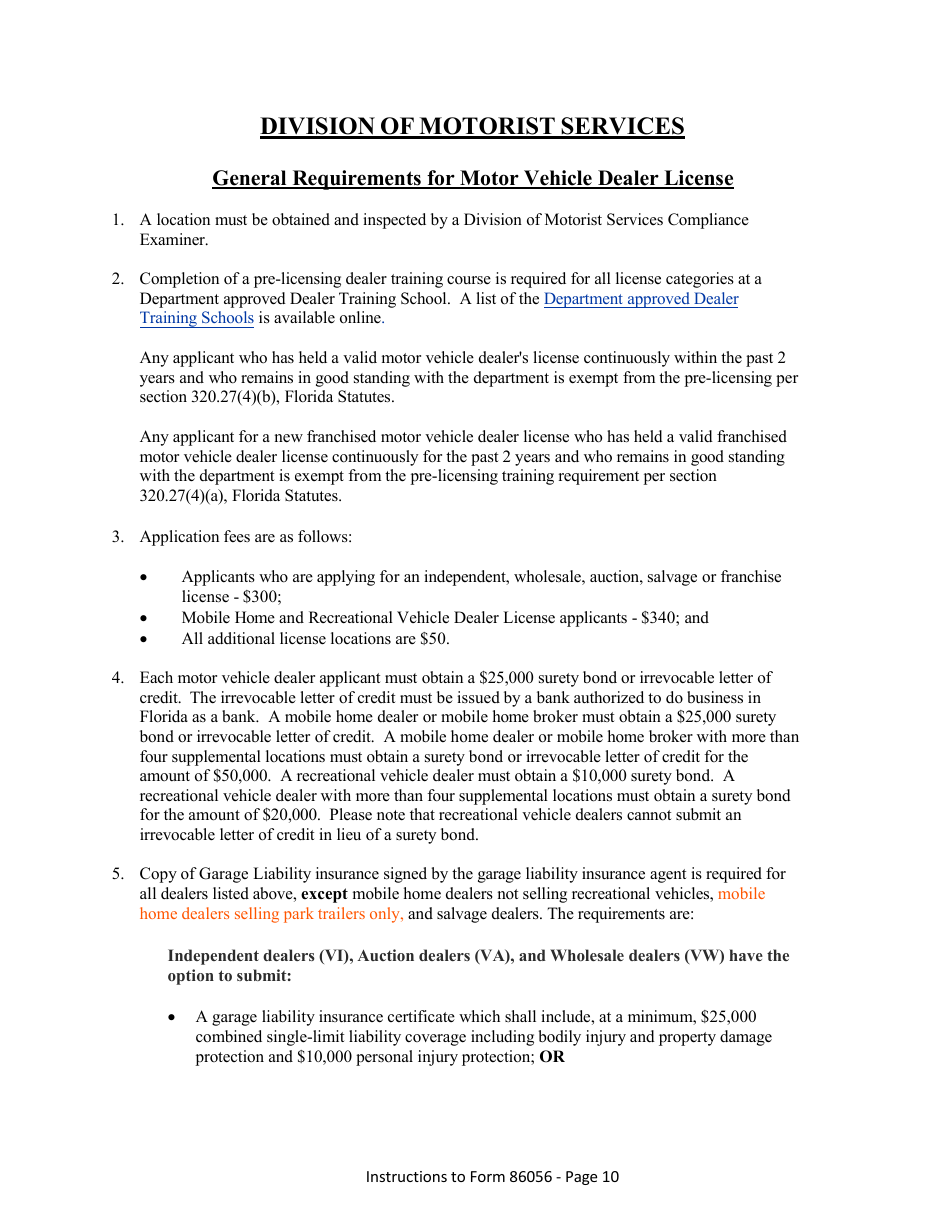 Form HSMV86056 Application for a License as a Motor Vehicle, Mobile Home or Recreational Vehicle Dealer - Florida, Page 16