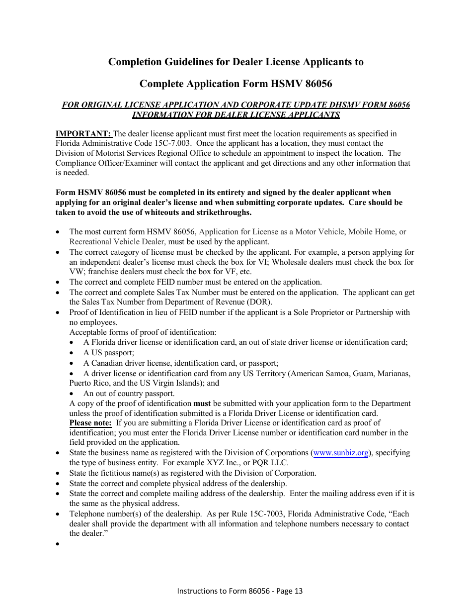 Form HSMV86056 Application for a License as a Motor Vehicle, Mobile Home or Recreational Vehicle Dealer - Florida, Page 19