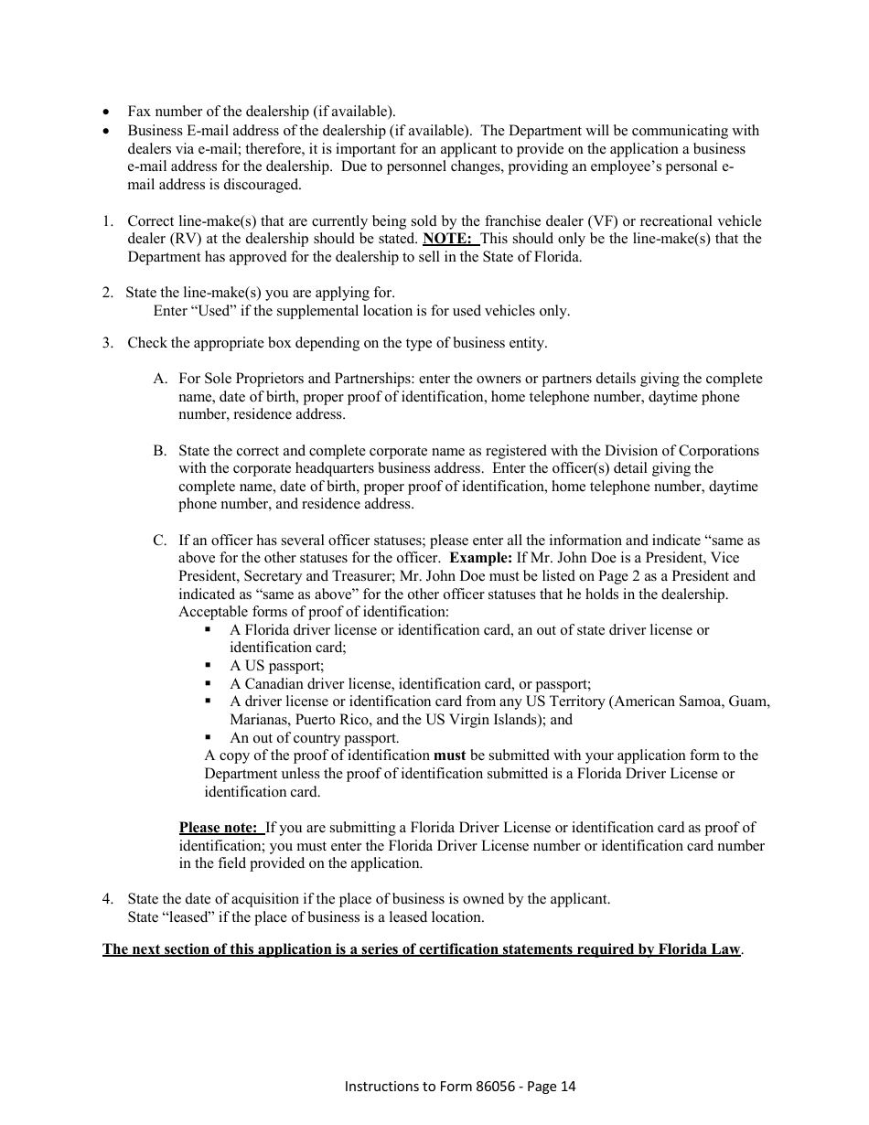 Form HSMV86056 Application for a License as a Motor Vehicle, Mobile Home or Recreational Vehicle Dealer - Florida, Page 20